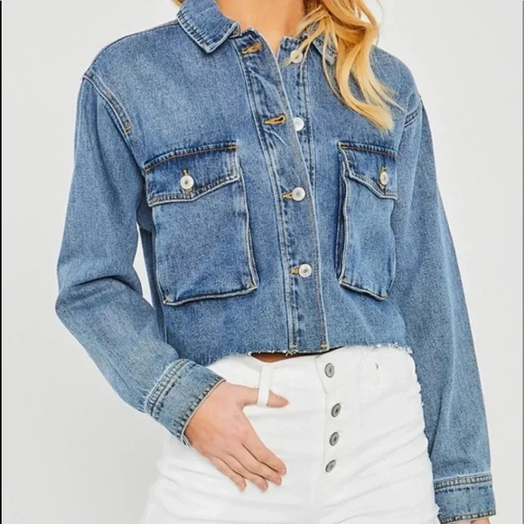 Denim Jacket Cropped Cargo Pocket Raw Hem Blue Distressed Light Blue Jean Denim - Picture 3 of 10